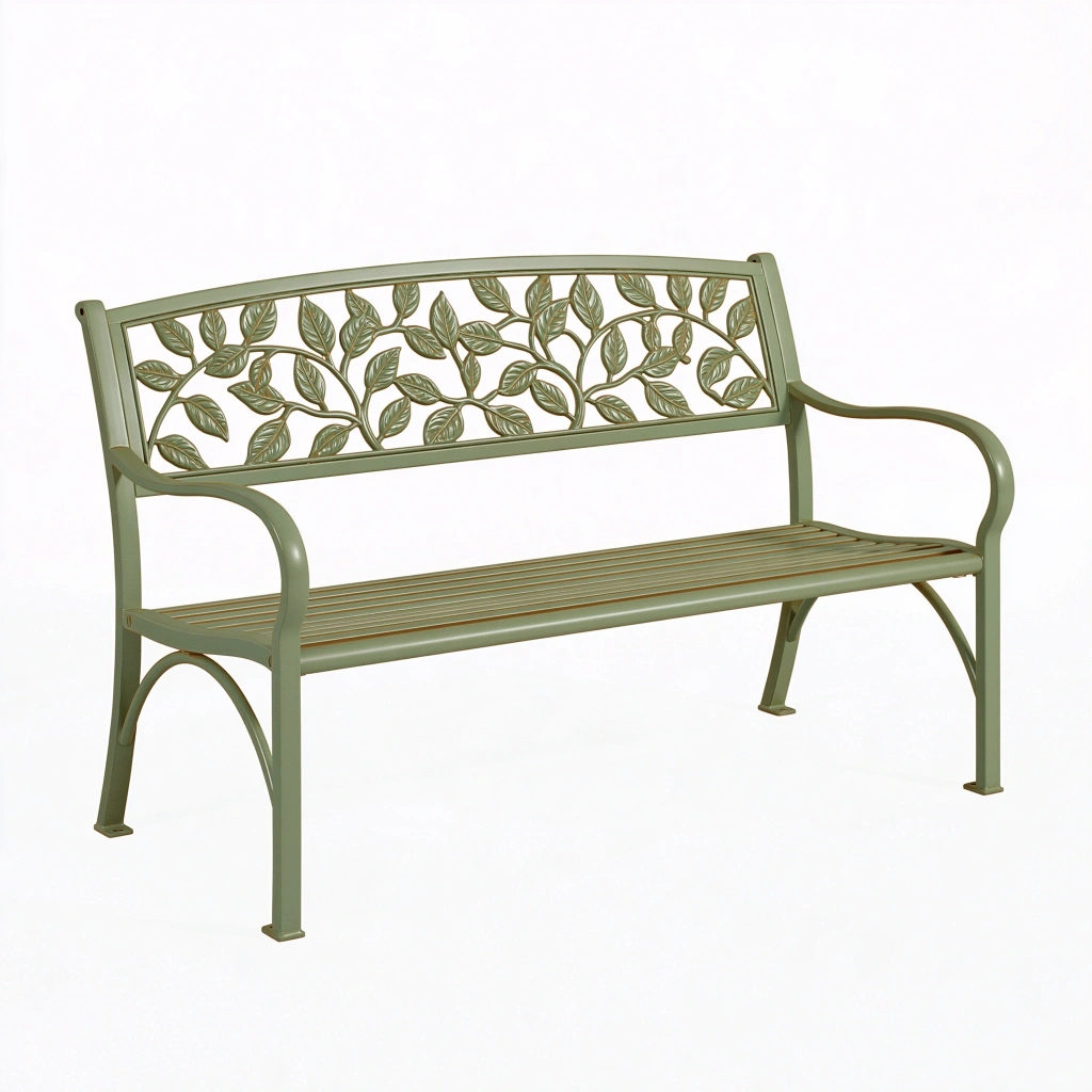 Ławka ogrodowa 127 x 61 x 85 cm metalowa zielona z oparciem w motyw liści